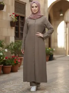 Two-Piece Long Sleeve Tunic Shirt Set with Belted Waist & Loose-Fit Pants, Breathable Linen-Like Fabric, Pocket Design, Casual Wear, Modest