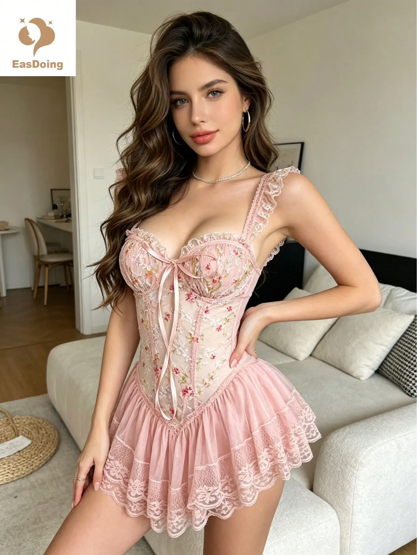 【EasDoing】French Girly Pink Embroidered Lace Corset Night Slip, V Neck Bow Bone Waist Cincher Hollow Back Multi-Layer Mesh Ruffle Mini Dress Romantic Coquette Lingerie For Women