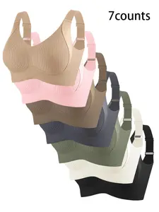 Women's Plain Wireless Bra Set, Comfortable Breathable Soft Lining, Ideal for Daily Wear, All Seasons, 7 Pieces