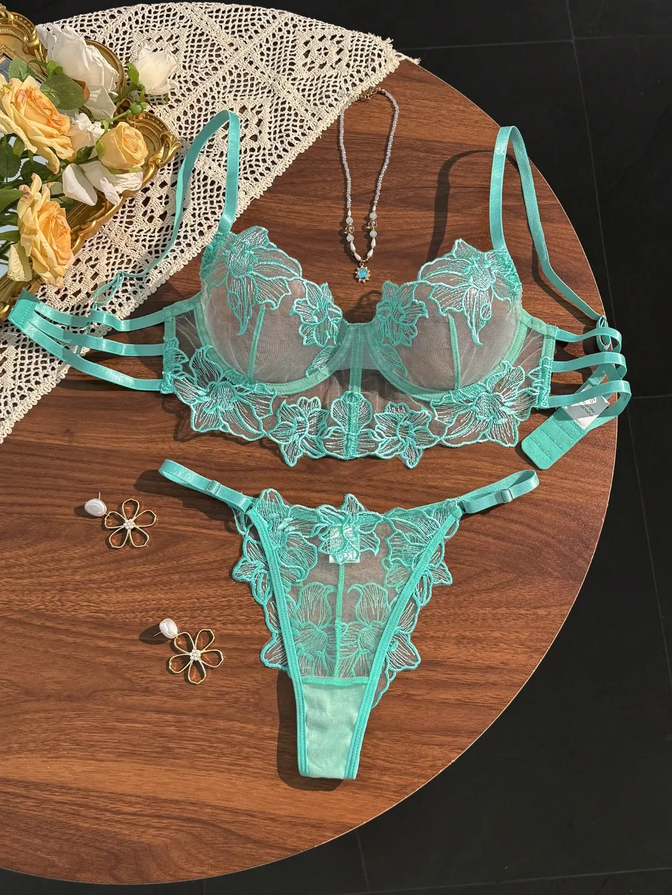 MAB 2pcs Women Skin-Tone Sexy Lingerie Set Lace Bra And Panty Set Halter Thong Nightwear Sleepwear Date Night Romantic Intimate Apparel