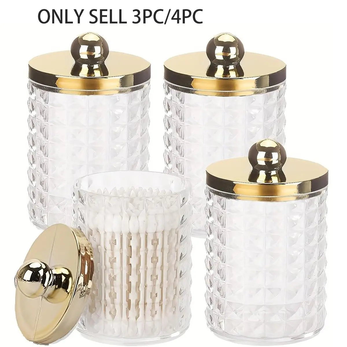 3 /4 Pcs Qtip Holder Jars Dispenser for Cotton Ball, Cotton Swab, Cotton Round Pads, Floss Picks - 10 oz Plastic Apothecary Jar Set for Bathroom Heavy Duty Canister Storage Organization, Home Organizers, Plastic Kitchen Canisters, Golden Lids, Organiser