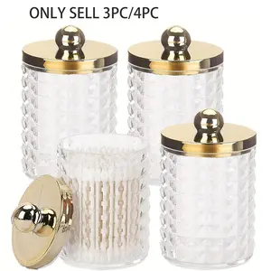 3 /4 Pcs Qtip Holder Dispenser for Cotton Ball, Cotton Swab, Cotton Round Pads, Floss Picks - 10 oz Plastic Apothecary Jar Set for Bathroom Heavy Duty Canister Storage Organization, Plastic Kitchen Canisters, Golden Lids, Organiser