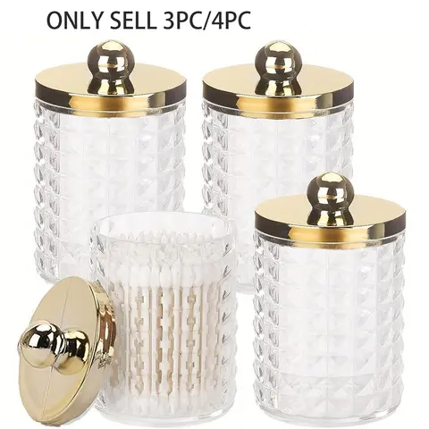 3/4 Pcs Qtip Holder Jars Dispenser for Cotton Ball, Cotton Swab, Cotton Round Pads - 10 oz Plastic Apothecary Jar Set for Bathroom Canister Storage Organization, Home Organizers, Plastic Kitchen Canisters, Golden Lids, Plastic Storage Containers