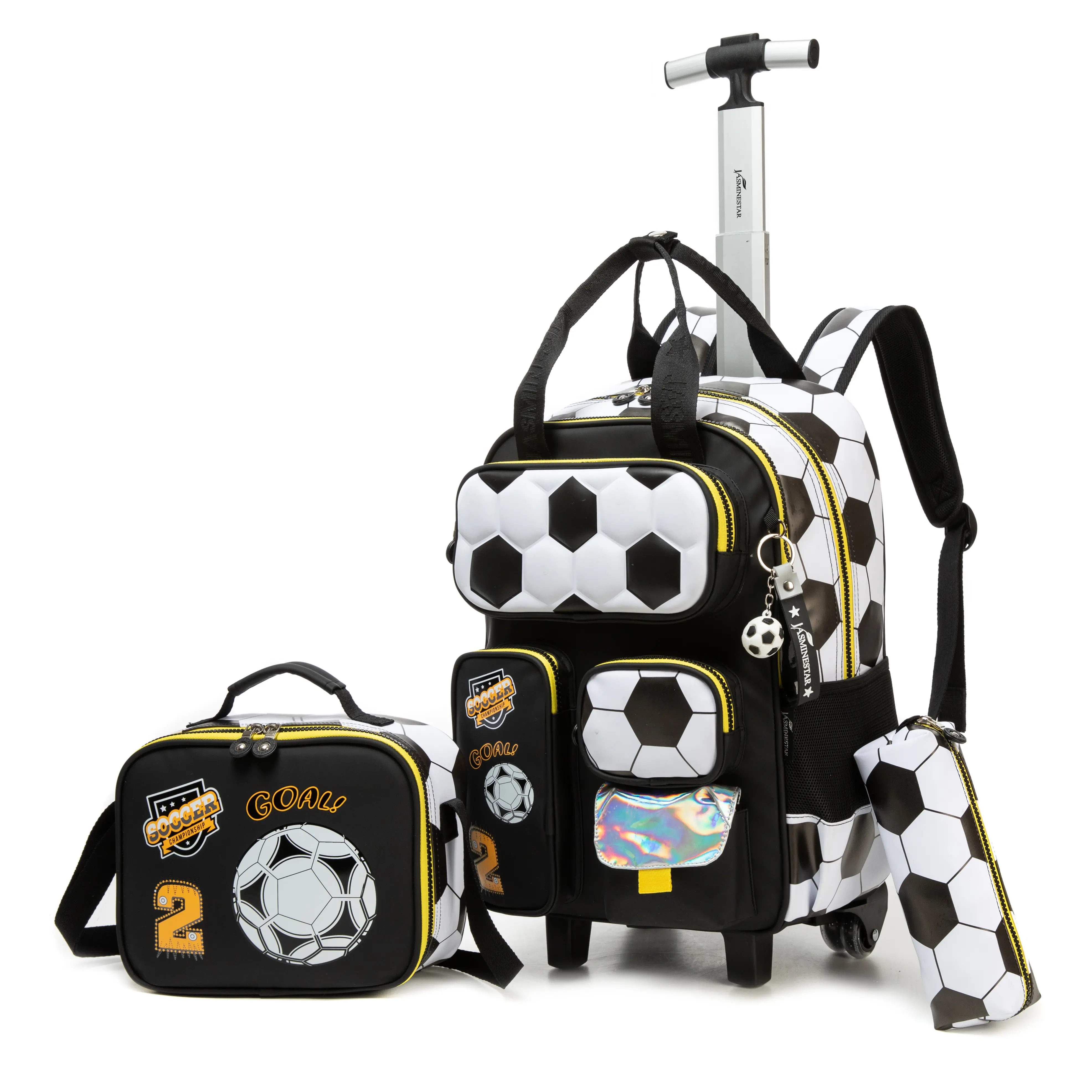 Kids' 3-Piece Rolling Backpack Set, Athletic Soccer Theme Nylon Luggage with Lunch Box & Zip Pouch for Campus Life, Back To School Haul, Trolley, Kids Style, Black And White, Rolling Backpacks, Boys, 3-In-1 Combo, 1 Set, Elementary School, Lightweight