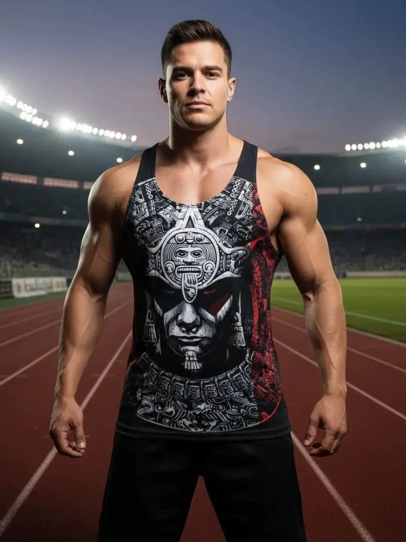 Men's Aztec Warrior Totem Print Gym Tank Top, Workout Tank, Sports Tank Tops, Sporty Loose-Fit Sleeveless Shirt, Activewear Sleeveless, Muscle Singlet, Sporty Vest, Muscle Building Fitness Wear, All Seasons