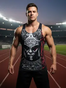 Men's Aztec Warrior Totem Print Gym Tank Top, Sporty Loose-Fit Sleeveless Shirt, Muscle Building Fitness Wear, All Seasons