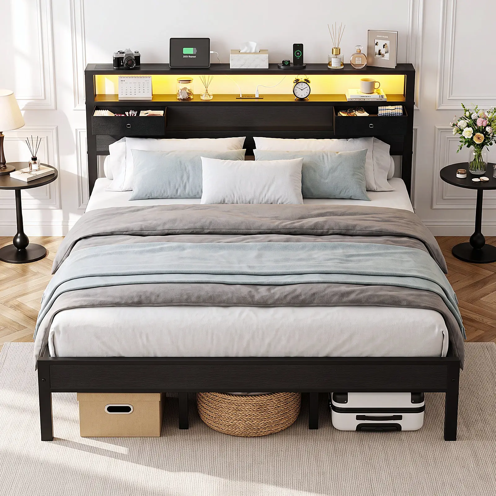 【NEW】DAYAGO Modern Queen Size Bed Frame - RGB Lights, Metal Frame with Storage Headboard, 2 Fabric Drawers, USB & Type-C Charging Station, 10.7" Under-Bed Storage, Noise-Free, No Box Spring Needed, Black
