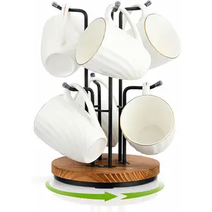 360? Rotating Large Mug Tree for Counter, Coffee Mug Holder with 6 Hooks, Cup Holder Stand for Countertop, Metal Cup Tree Rack with Weighted  Base, Kitchen Coffee Bar Decor Display