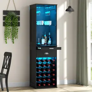 Black Wine Bar Cabinet with LED Lights, 65'' Tall Coffee Bar Cabinet with 24 Wine Rack & Glass Holder,Kitchen Storage Cabinet with Tray & Drawer & Adjustable Shelf,Freestanding Liquor Cabinet wood  cabinets LED Wine Furniture Modern