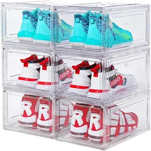 Clear Plastic 6 PCS Stackable Shoe Organizer - Entryway Space Saving Collapsible Shoe Rack, Clear Plastic Shoe Box for Home Organization - White