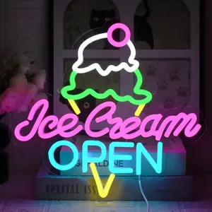 Ice Cream Open Neon Light LED Wall Decor, USB Adjustable Ice Cream Sign for Business Stores, Dessert Shops, Bars, Parties, Cafes
