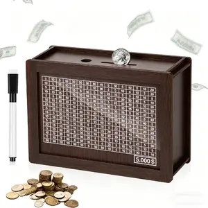 Wooden Money Box with Counter, Wooden Savings Box, Money Saving Jar with Pen, Coin Bank for Adults & Kids, Piggy Bank Gift for Birthday or Festivals