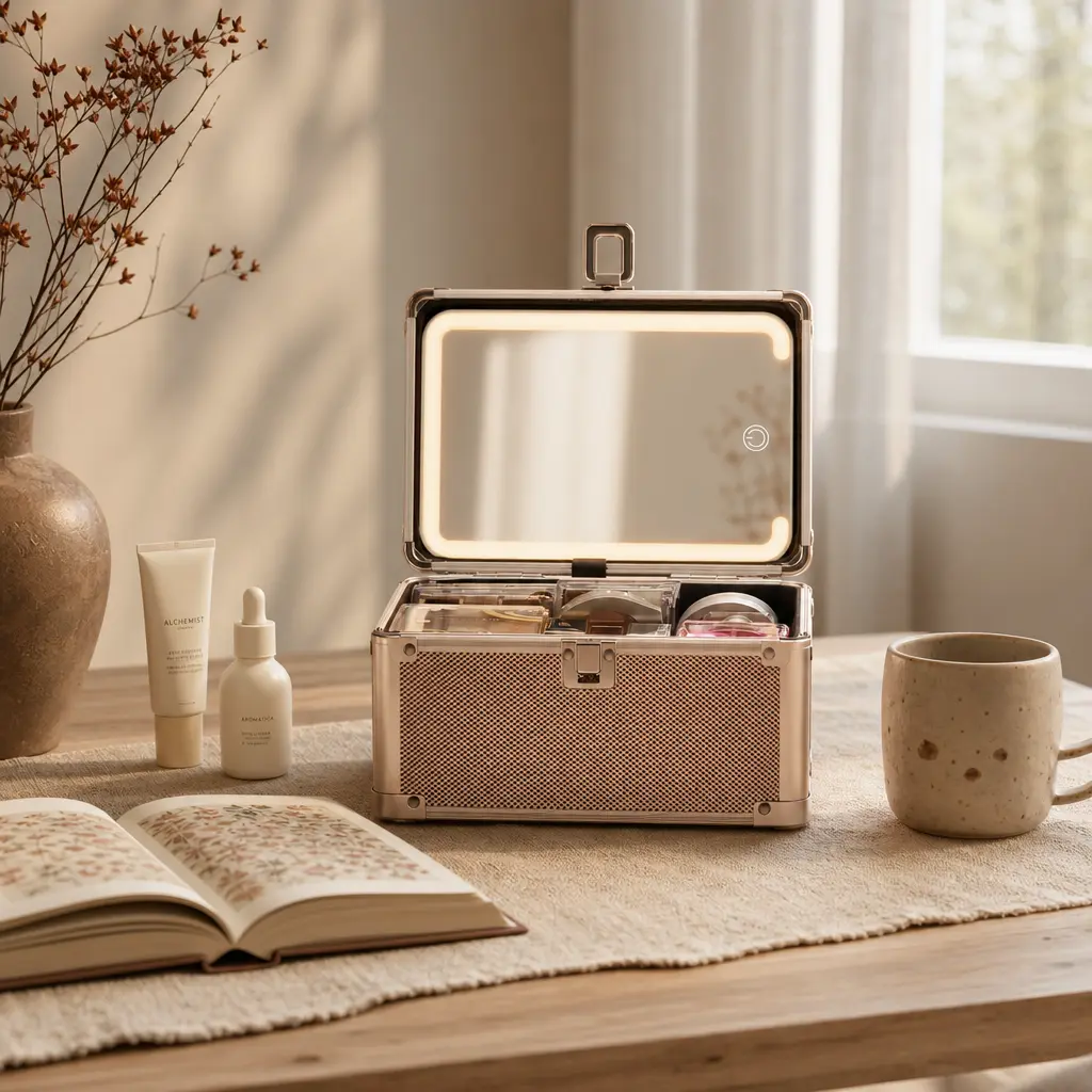 Qislee Portable Cosmetics Storage Case with Adjustable LED Makeup Vanity Mirror, 3 Lighting Modes, Compact Travel LED Makeup Mirror and Organizer for Nail Polish and Cosmetics