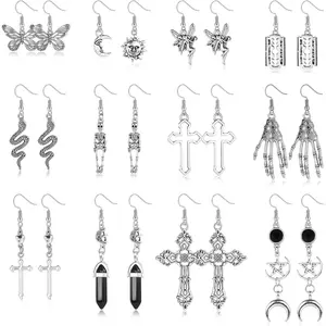 12 Pairs Gothic Punk Vintage Earrings Sets Goth Vintage Grunge Earrings Retro Silver Punk Rock Harajuku Men Halloween Fairy Grunge Earrings Skeleton Sword Bat Snake Heart Dangle Drop Earrings Dangle Earrings Set for Women