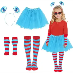 L-JLY012   Blue Tutu Skirt, Ponytail Headband, Blue Red Striped Fingerless Gloves, Over Knee High Socks