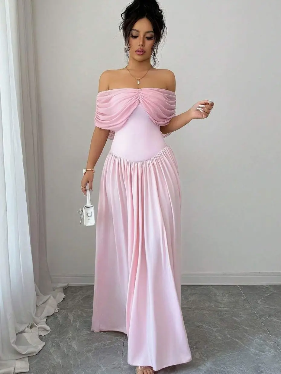 Women's Solid Color Pleated Off Shoulder Dress, Elegant Midi Party Dress, Formal Wedding Guest Evening Dress, Summer Cocktail A-Line Outfit