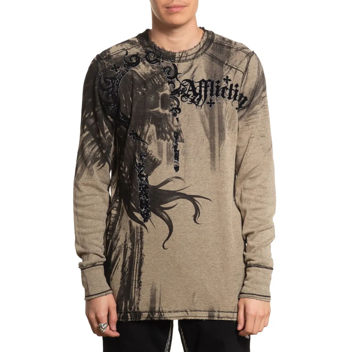 American Fighter Men's Reversible Thermal Shirt, Indian Chief Graphic Print, Casual Long Sleeve Crew Neck Menswear, Thermal Fabric