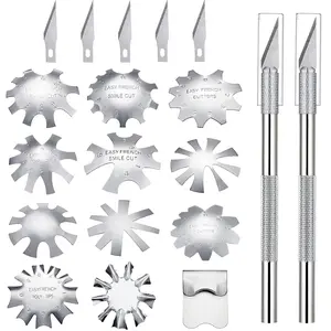 12 Pieces French Nail Trimmer Stainless Steel French Tip Cutters Smile Line Cutter Edge Manicure DIY Plate Module with 2 Handles Cutting Knife and 5 Spare Blade for Acrylic Nail(Silver) Polish Correction