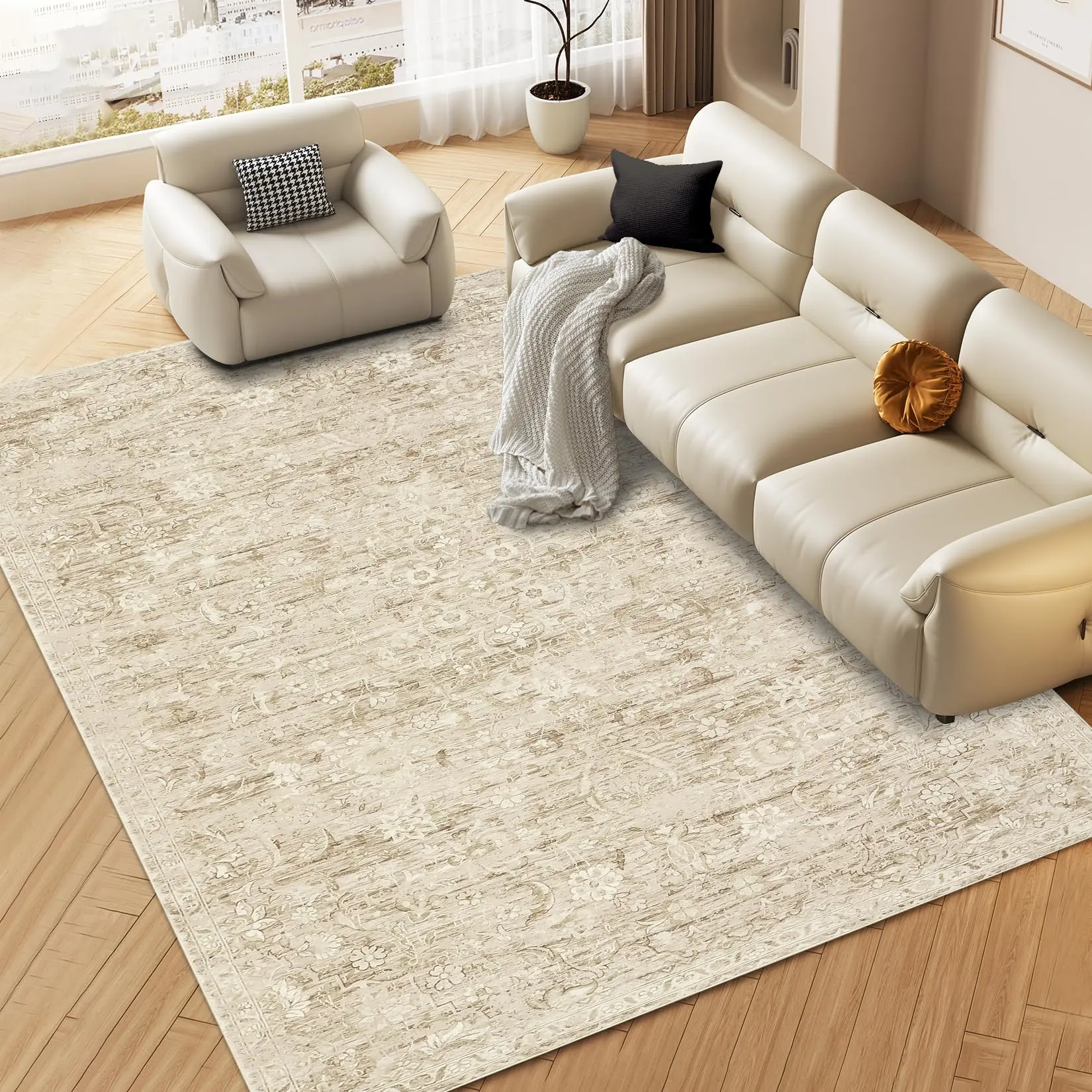 【GARVEE】Area Rug 5x7 Washable Rugs for Living Room Bedroom Office Nursery Vintage Floral Area Rug Distressed Oriental Rug Low Pile Neutral Soft Rug Non Slip Farmhouse Floor Cover Camel