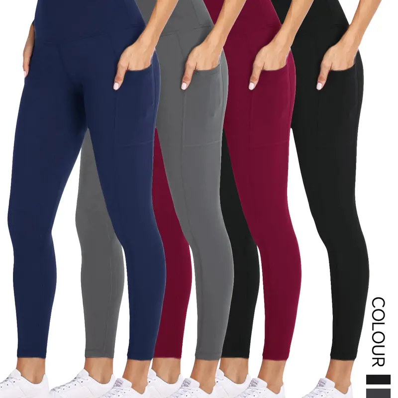 Women's High-Waisted Yoga Pants with Pockets Soft Stretchy Abdominal Control Workout Leggings for Running Exercise Assorted Colors Athleisure 4pcs Pack