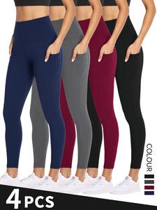 Women's High-Waisted Yoga Pants with Pockets Soft Stretchy Abdominal Control Workout Leggings for Running Exercise Assorted Colors Athleisure 4pcs Pack summerwins