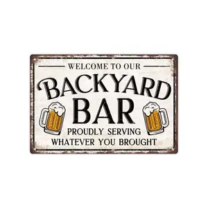 Vintage Welcome To Our Backyard Bar Sign, 1 Count Welcome Backyard Bar Sign, Wall Decor for Home Backyard Bars, Pubs & Clubs, Decorative Plaque, Rustic Design