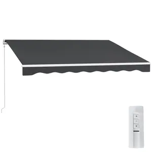 Ten by eight foot electric retractable outdoor awning dual control remote and crank handle uv resistant pu polyester fabric adjustable arm design for balcony yard sun shelter