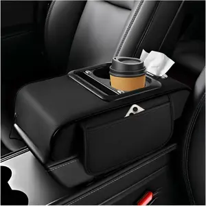 4 in 1 Center Console Cover, Car Armrest Cushion Pad with Pockets, Cup Holder, Phone Holder, Tissue Box, Multifunctional Arm Rest Cover with Charging Cable for Most Vehicles (Black)