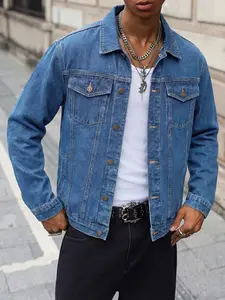 Autumn and winter style American vintage men's denim jacket, a short coat with a lapel, double pockets, and metal buttons, featuring a fashionable design suitable for daily wear and outdoor activities, perfectly matching the spring and autumn seasons