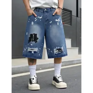 Men's High Cotton Paint Splatter & Embroidered Denim Shorts, Vintage Washed Distressed Loose Fit Jorts, Streetwear Hip Hop Casual Summer Shorts for Men