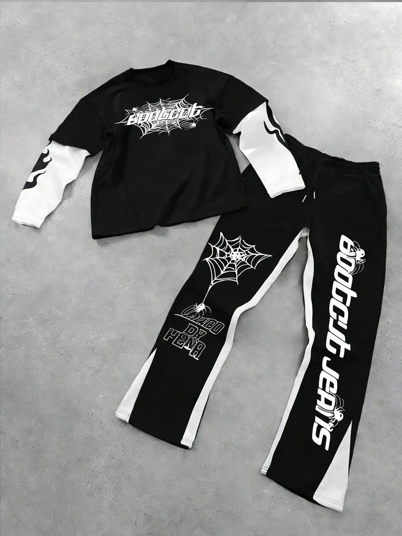 Unisex Spider Web Print Two-Piece Set, Long Sleeve T-Shirt & Wide Leg Pants, Graffiti Letter Pattern, Casual Street Style, Streetwear, Outfit