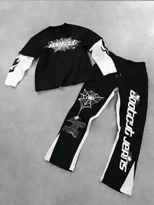 Unisex Spider Web Print Two-Piece Set, Long Sleeve T-Shirt & Wide Leg Pants, Graffiti Letter Pattern, Casual Street Style, Streetwear, Outfit