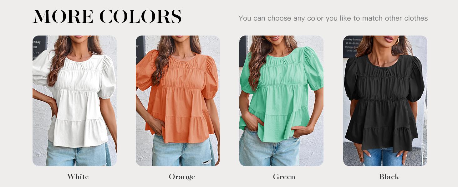 Tankaneo Womens Puff Sleeve Peplum Babydoll Tops Summer Smoked Pleated Cotton T-Shirts Casual Loose Fit Flowy Blouse