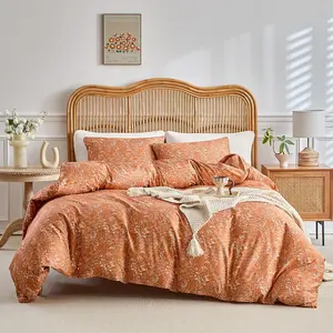 Queen Size Comforter Set Burnt Orange, 3 Pieces Queen Terracotta Bedding Sets, Vintage Botanical Bedding Set, 1 Comforter with 2 Pillowcases, Floral Comforter Set for All