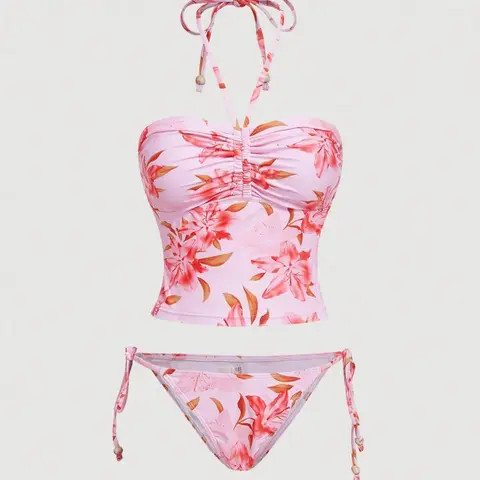 Women's Floral Print Tankini Outfit Two-Piece Swimsuit Set, Drawstring Halter Neck, Belted Belly Coverage, Vacation Style, Wholesale Export, Floral Print Swimsuits, Tankini Swimwear Set
