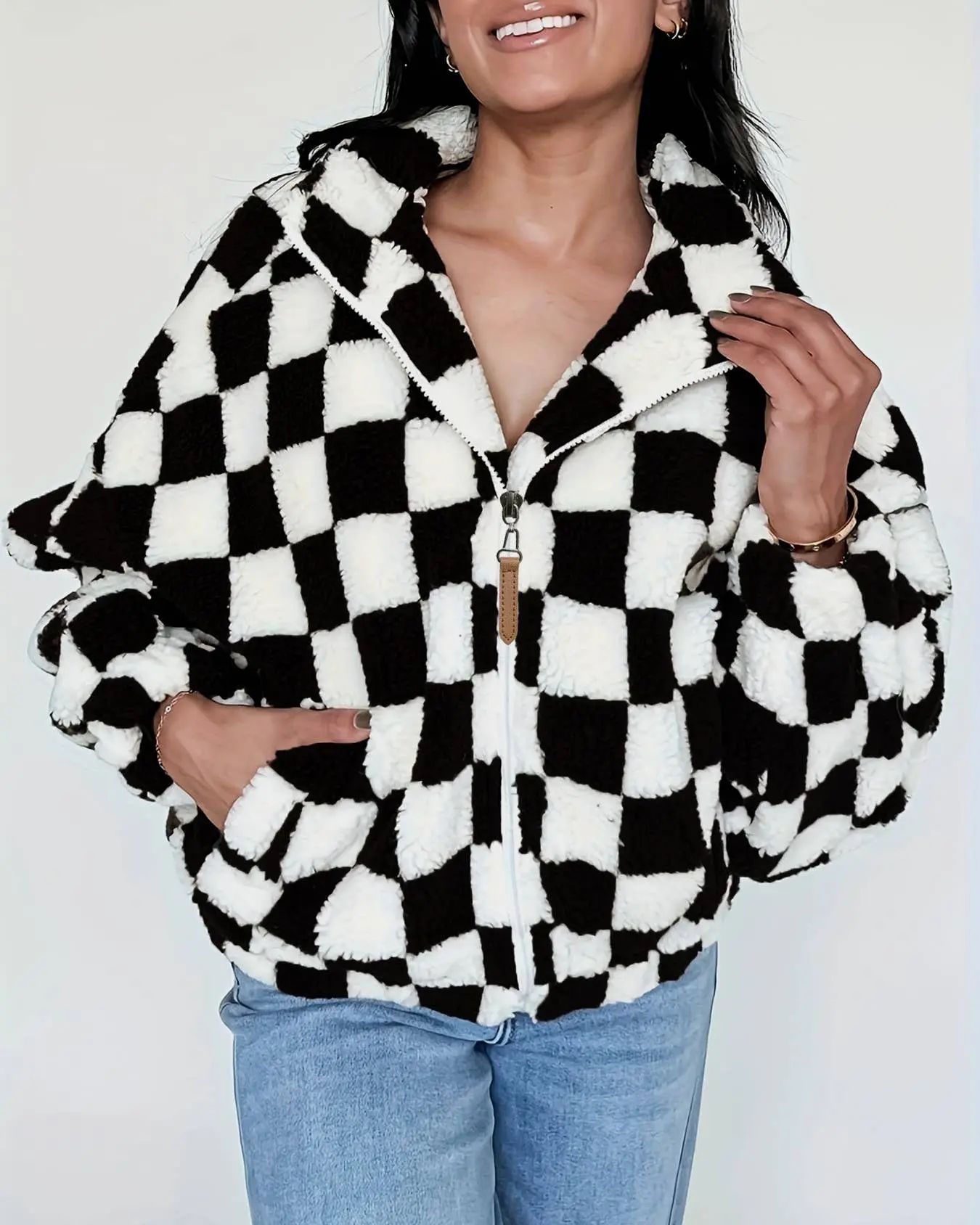 Checker Pattern Drop Shoulder Teddy Sherpa Jacket