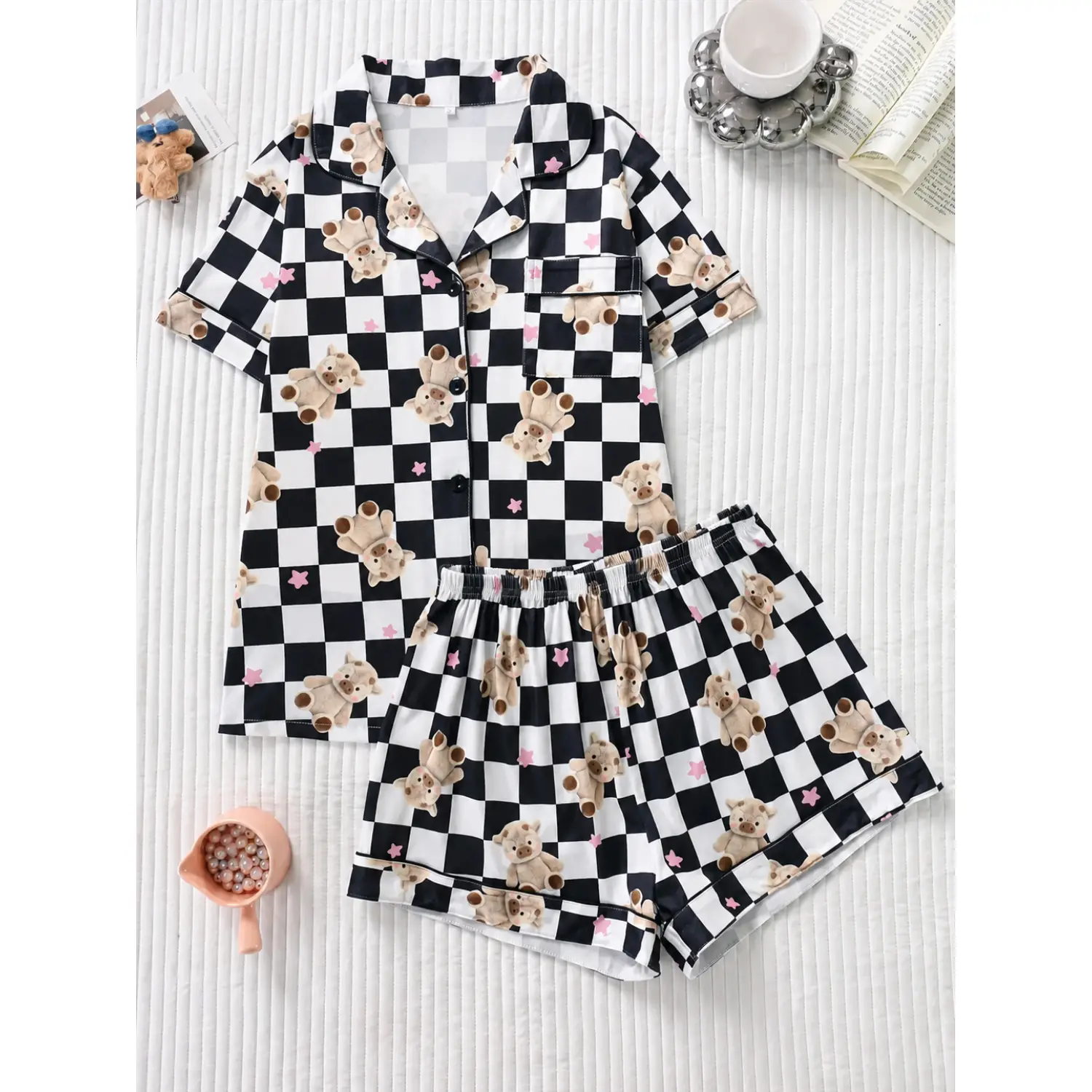Smiley Face Print Women's Sleepwear Set - Short Sleeve Button-Up Top & Elastic Shorts Pajamas, Casual Nightwear