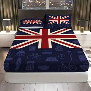 3Pcs British Flag Iconic London Fitted Sheet Three Piece Set (1*Fitted Sheet+2*Pillowcases, Coreless), Holiday theme, UK Union Jack Bedding Set, Mattress protector Soft, Breathable