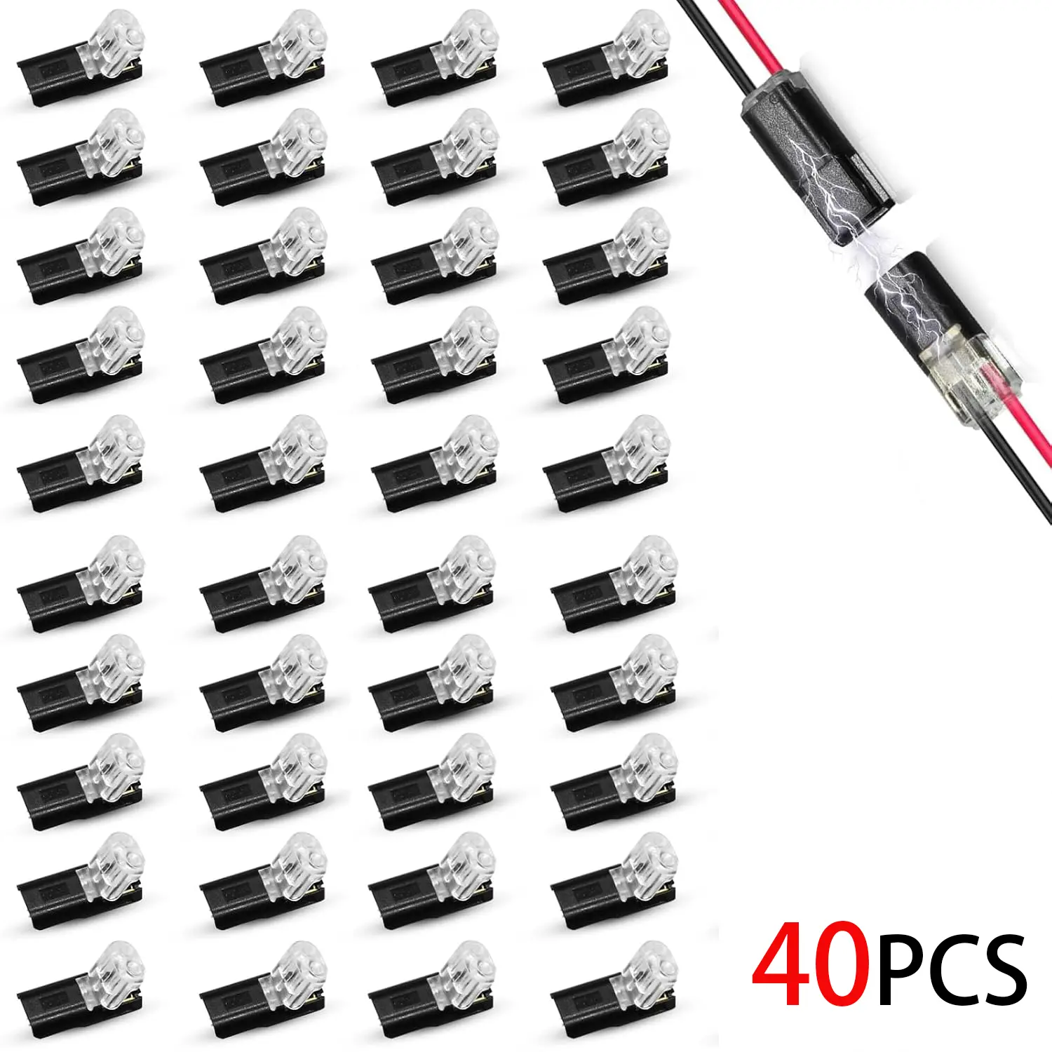 Quick Splice Solderless Connectors, 40 Pcs Durable Reliable Electrical Wire Cable Snap-In Connector Blocks, 2-Pin Dual-Way Connectors for LED Strips, Cars and Low-Voltage Applications, Fast Connect Plug for Easy Assembly by Hobbyists & Industrial Use
