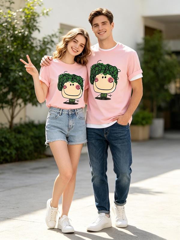 Women's 100% Soft Cotton Crew Neck H-Type Baggy Cropped T-Shirt - Casual Short-Sleeve Streetwear Tops, Cute Green Curly Hair Heat Transfer Graphic, Color-Sorted Wash, Machine Wash, Do Not Bleach/Dry Clean, All Seasons, Sohochic, Valentine's Day Pick