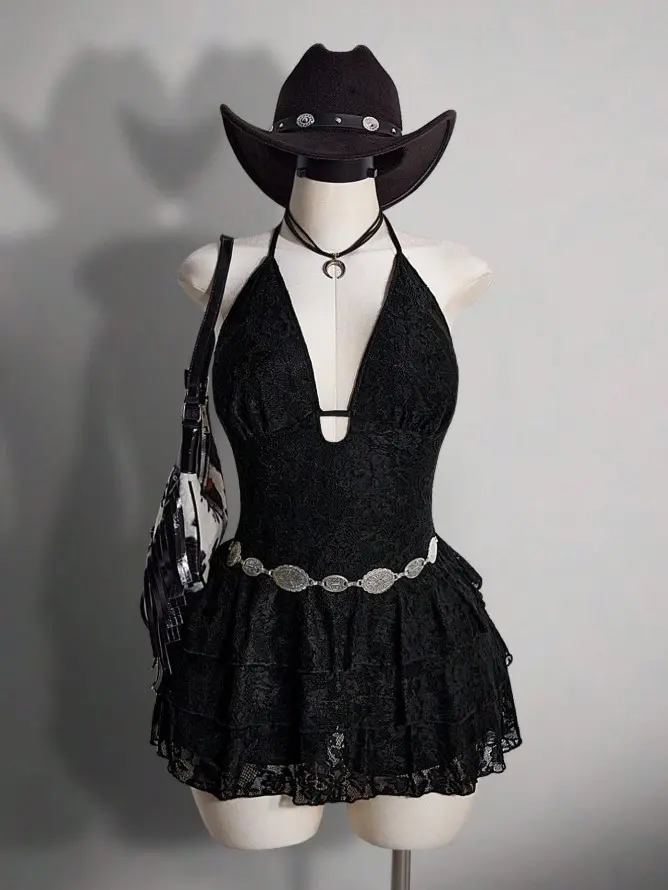 GADGEET Plus Size Black Summer Western Sexy Cowboy Concert Night Out Rave Club Retro Y2K Bohemian Music Festival Outfit Lace Halter Neck Hollow Out Cake