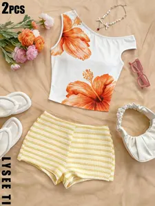 Women's Two-Piece Floral Vest Top and Vacation Style Shorts Set, Casual Summer, Comfortable and Stylish, Perfect for Travel