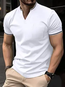 Men's Short Sleeve V Neck T-Shirt, Menswear Fashion Casual Chest Pocket Design, Regular Fit Daily Wear, Plain Pattern, Long Clothing Length