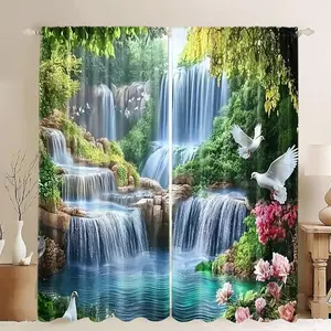 Waterfall Forest Landscape Pattern Door Curtain, 2 Counts Natural Inspired Waterfall Forest Landscape Printed Curtain, Window Treatment for Home Living Room Bedroom