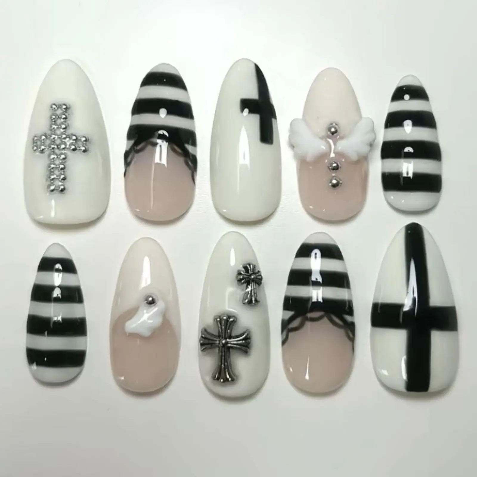 Gothic Cross Press On Nails | Black White Angel Wing Nail Art | Striped French Tip Handmade Nails