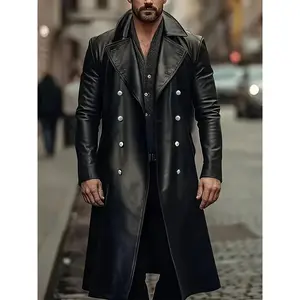 Men'S Plus Size Faux Leather Trench Coat, Casual Lapel Collar, Non-Stretch Solid Color, Regular Fit, with Polyester Lining, Double-Breasted Closure, for Long Overcoat