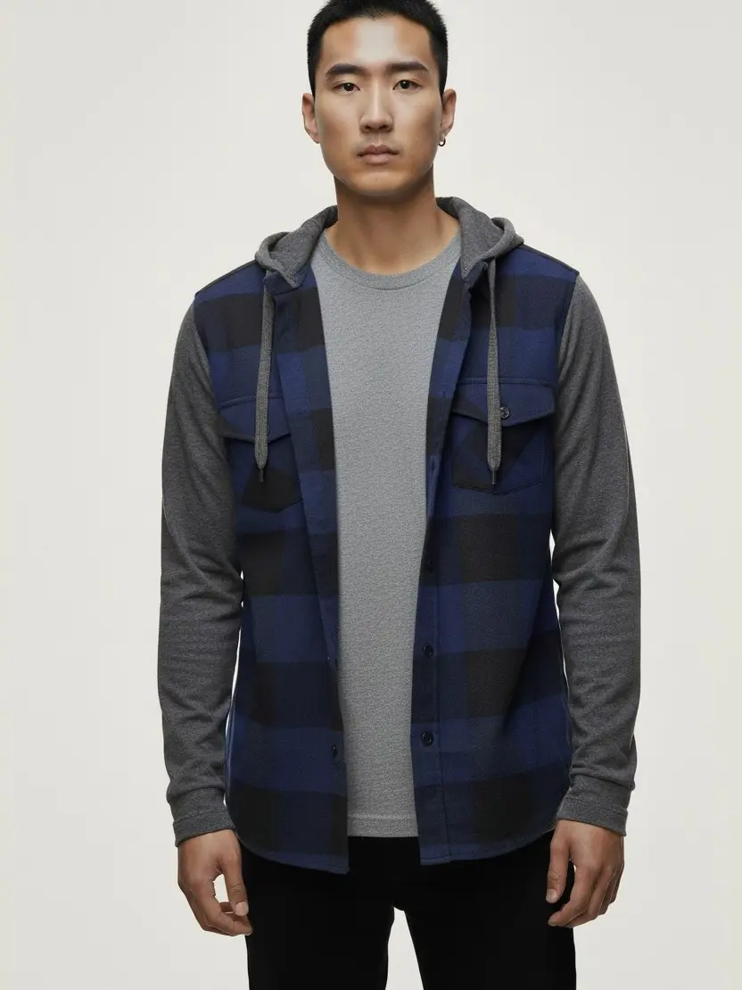 Blue Plaid Hooded Flannel Jacket – Unisex Button Up Streetwear Overshirt Hoodie