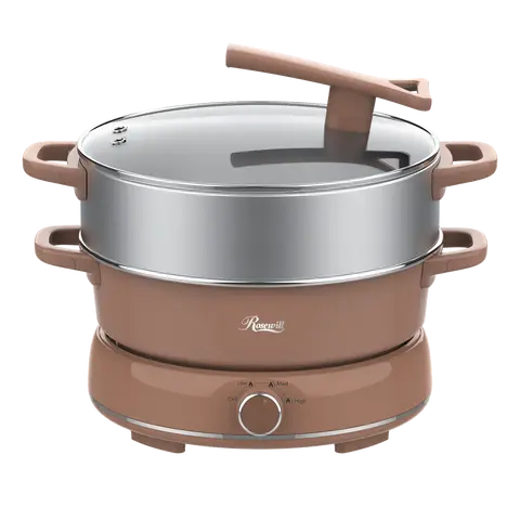 Rosewill 12.7 QT Electric Hot Pot with Multiple Functions, Split Design with 11.8 inch Wider Cooking Pot and SUS Steam Basket, 1600W High Power, Includes Utensils - Mocha
