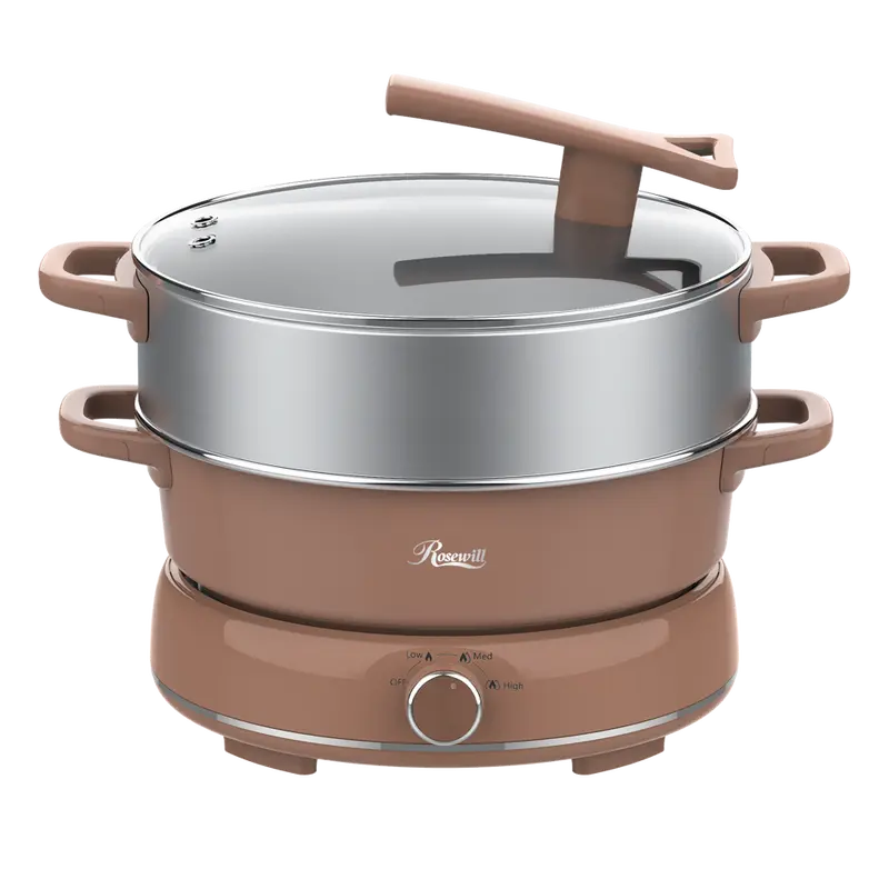 Rosewill 12.7 QT Electric Hot Pot with Multiple Functions, Split Design with 11.8 inch Wider Cooking Pot and SUS Steam Basket, 1600W High Power, Includes Utensils - Mocha