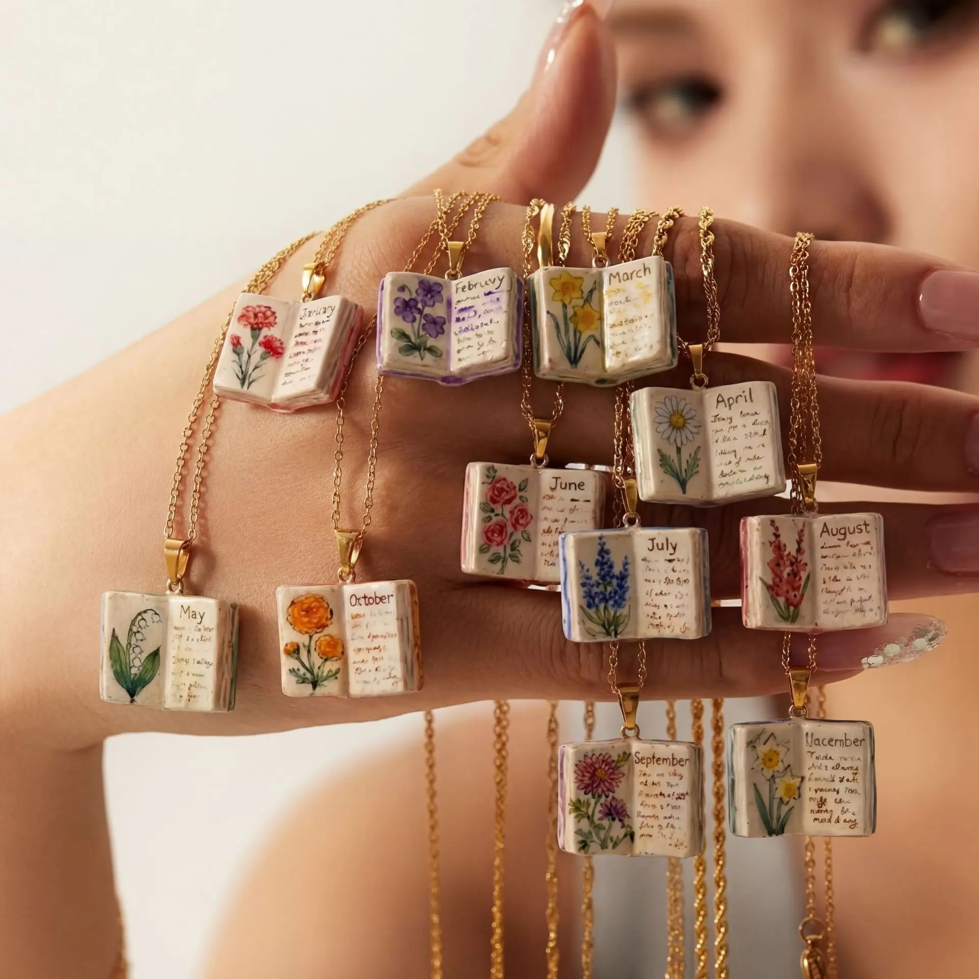 K5105 Vintage December Birthday Flower Book Pendant Copper Necklace Birthday Anniversary Gift